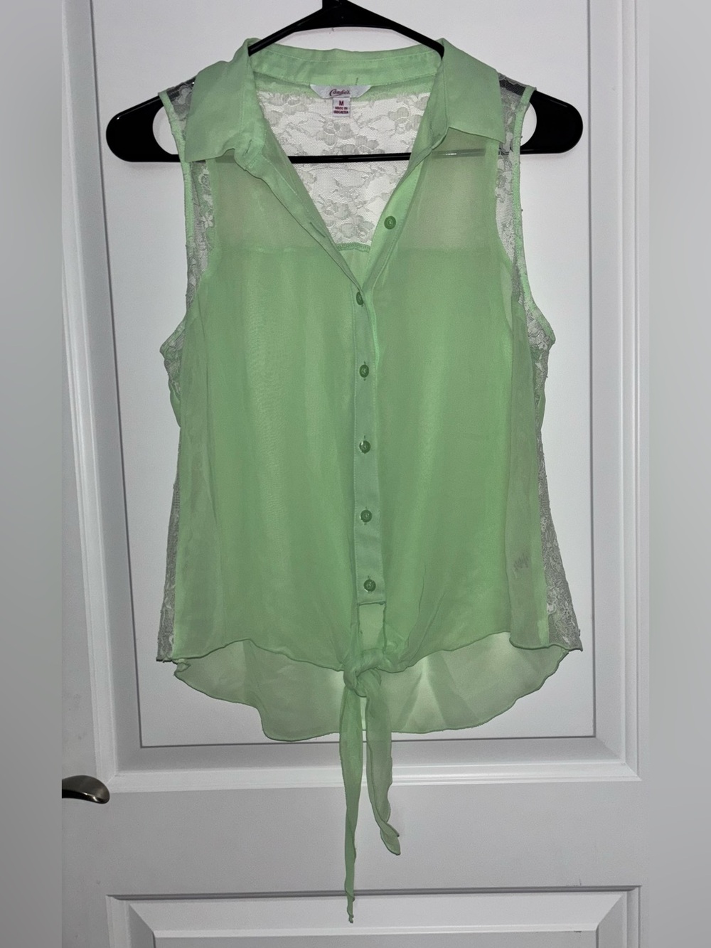 Candie's Sheer Lace-Back Tie-Front Tank Top - Light Green
